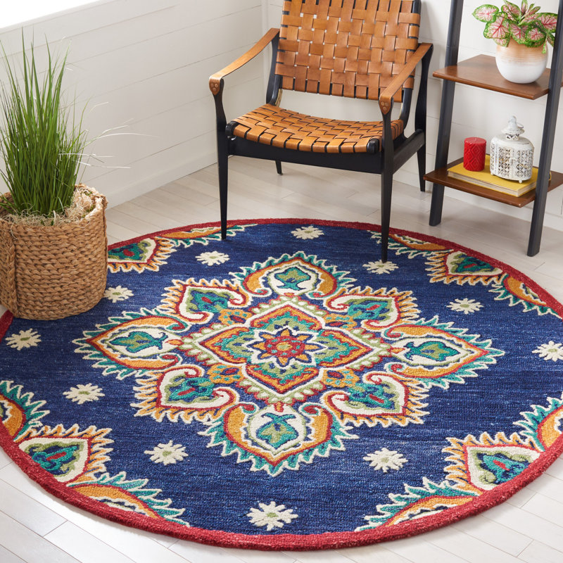 Blossom Hand Tufted Wool/Cotton Oriental Rug in Orange/Navy, Round 6'