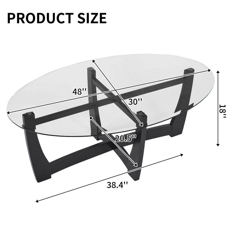 48" Oval Glass Coffee Table with Wood Base, Black, Black, Black