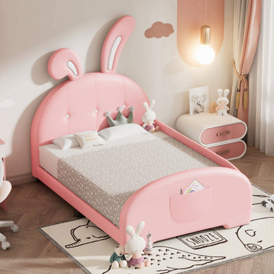 Lit simple tapissier princesse en forme de lapin, lit plateforme simple avec tête et pied de lit