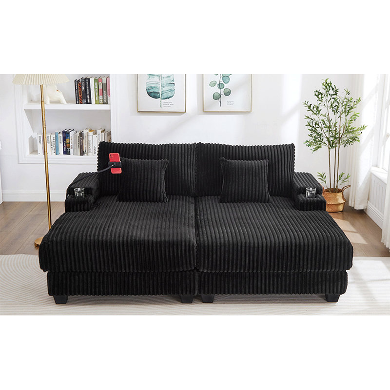 Canapé moderne, causeuse avec dossier réglable, porte-gobelets, support pour téléphone dans le salon, Noir