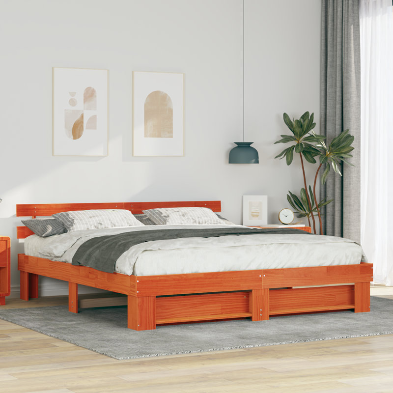 With Headboard Solid Pine Wood, Brown, Super King (6')