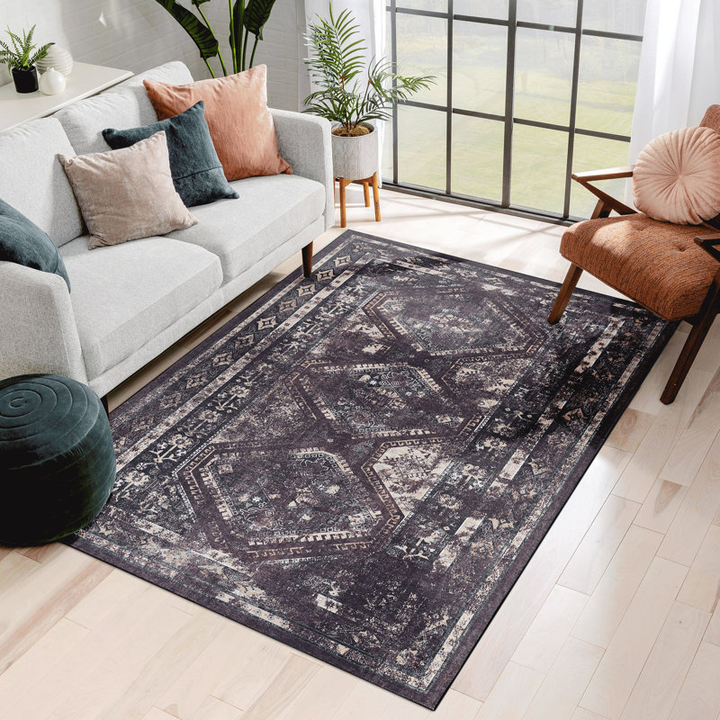 Area Rug, Burgundy Washable Rug (Black+Burgundy), Rectangle 8' x 10'