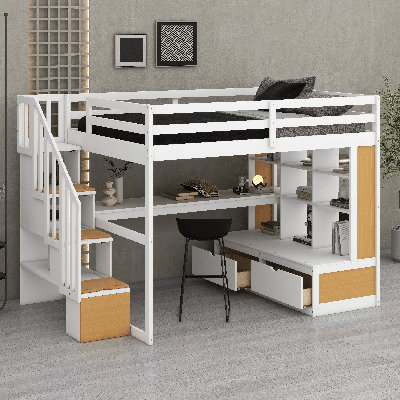 Lit mezzanine double avec bureau intégré et tablettes, lit mezzanine en bois avec escalier de rangement et tiroirs