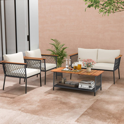4 Pcs Patio Furniture Set With 2-tier Coffee Table Acacia Wood Armrests Tabletop