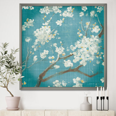 « blue cerises florales ii »-cadre photo imprimé sur toile