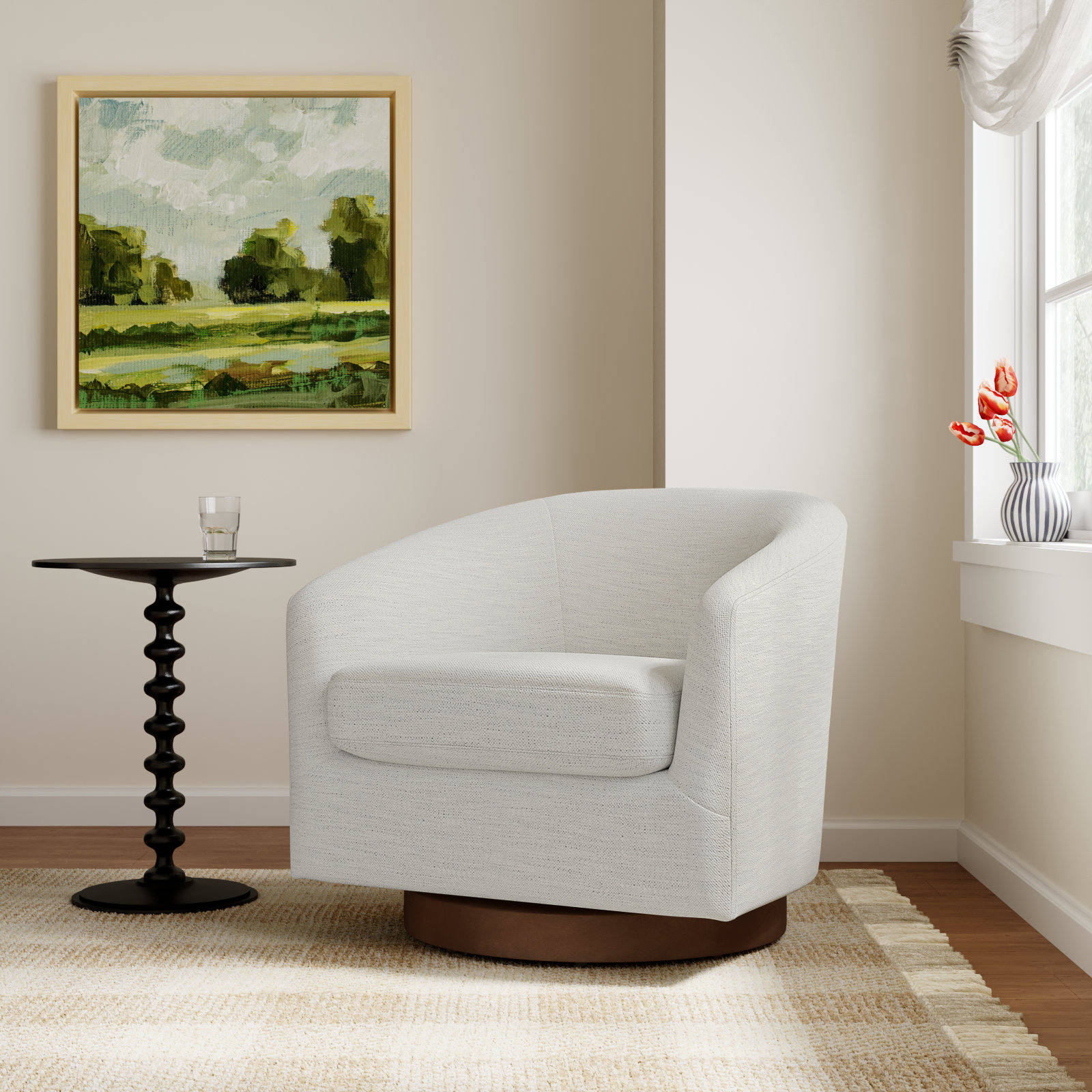 Bennett Linen Swivel Barrel Chair, Prestige Ivory Basketweave