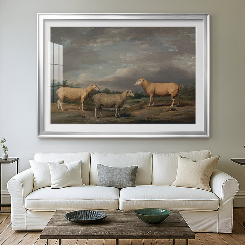 «Three Sheep in a Landscape» par James Ward, reproduction encadrée avec passe-partout et verre début du 19e siècle, Argent