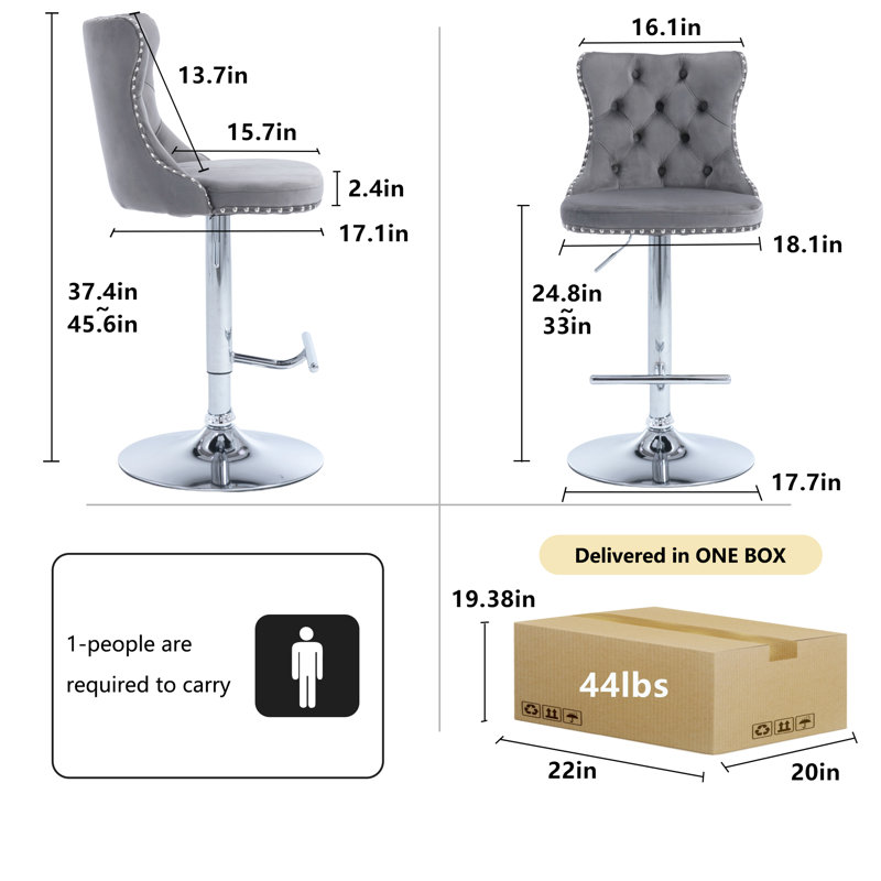 Ensemble de 2 tabourets de bar pivotants rembourrés et capitonnés, Gris