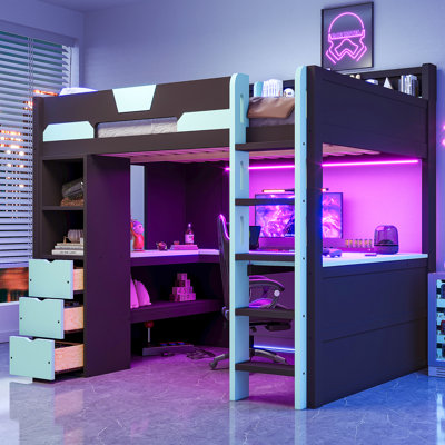 Lit mezzanine double avec rangement, cadre en bois aggloméré, bureau de jeu moderne pour la maison