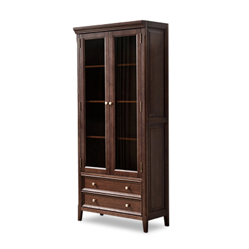 American Walnut Wood Glass-Door Storage Floor-Standing Bookcase