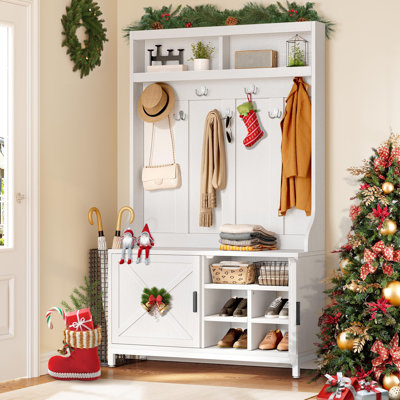 39.5" Wide Farmhouse Hall Tree With Bench, Adjustable Shoe Storage And Coat Rack