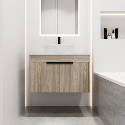 30" Contemporary Bathroom Vanity With Ceramic Sink - Wall Mounted, White Oak, Soft Close Door, Ample Space Modern Mounted Vanity. Oak Basin. Door. Sufficient Storage Space. 28.69" Depth. Metal Handle