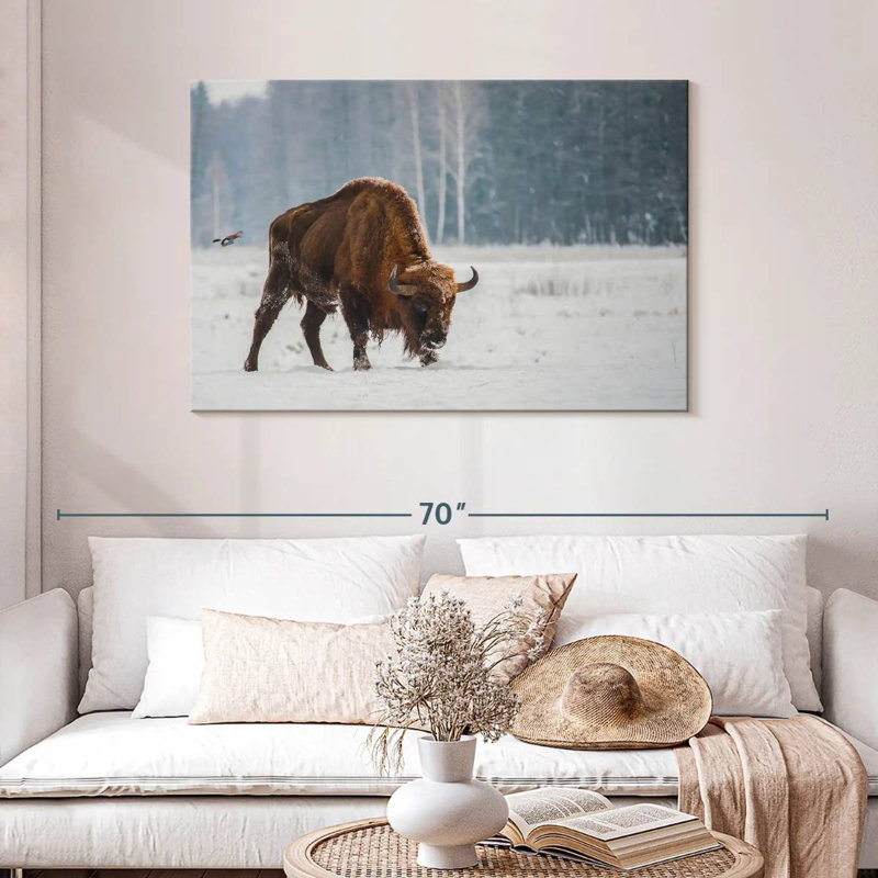 Bison Brampt dans la forêt enneigée, H 30 po x l 45 po