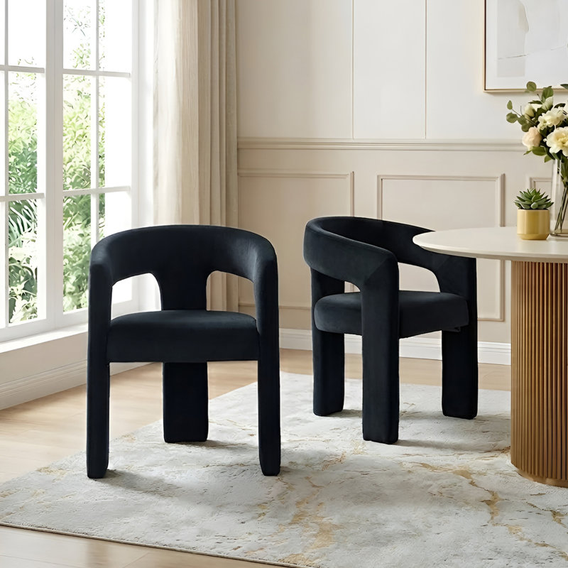 Modern Upholstered Barrel Dining Chairs, Black Velvet