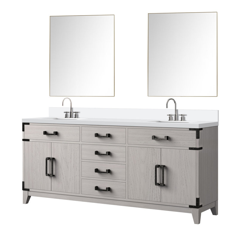 Ensemble de miroirs de salle de bain double 72 po x P 22 po Laurel, Marbre de culture blanc, Chêne gris