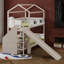 Lit superposé avec glissière et escalier de rangement, cadre de lit en bois, conception de maison avec garde-corps et tablettes-69147335