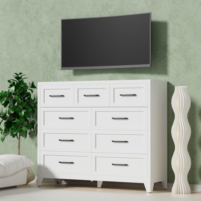 Commode haute 9 tiroirs, armoire de rangement en métal blanc avec tiroirs coulissants lisses, commode peu encombrante pour chambre à coucher, salon, vestibule, conception robuste de 5 pieds et poignées modernes