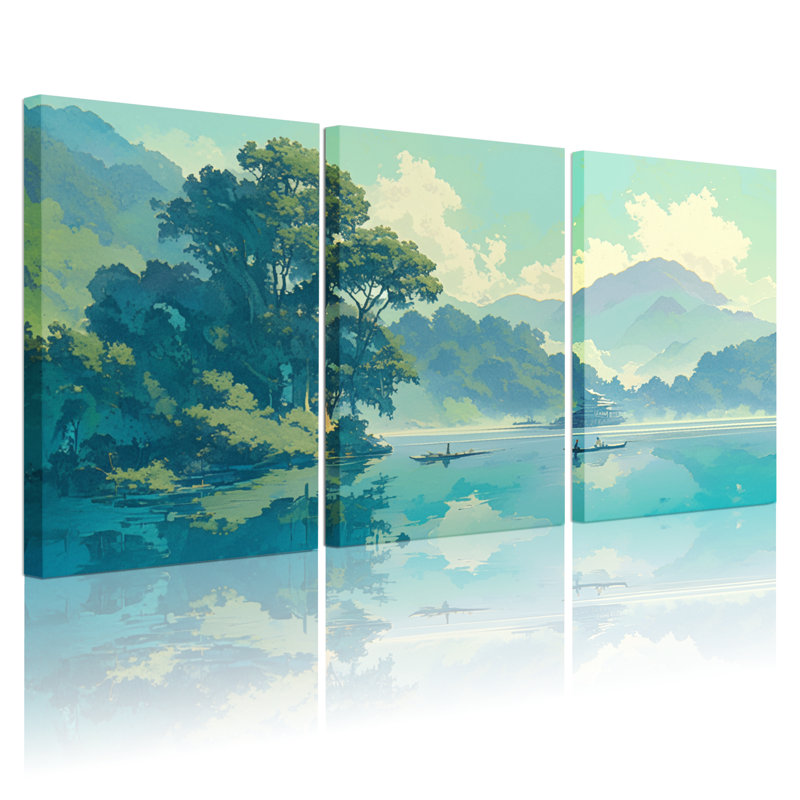 «Landscape & Nature Serene Lake Landscape with Trees and Mountains», ensemble de 3 impressions sur toile, H 30 po x l 60 po