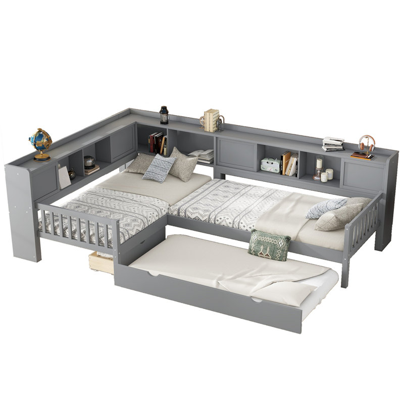 L-shaped Platform Bed Twin Size with Trundle, Solid Wood Platform Bed with Storage Drawers and Shelves, No Spring Box Needed