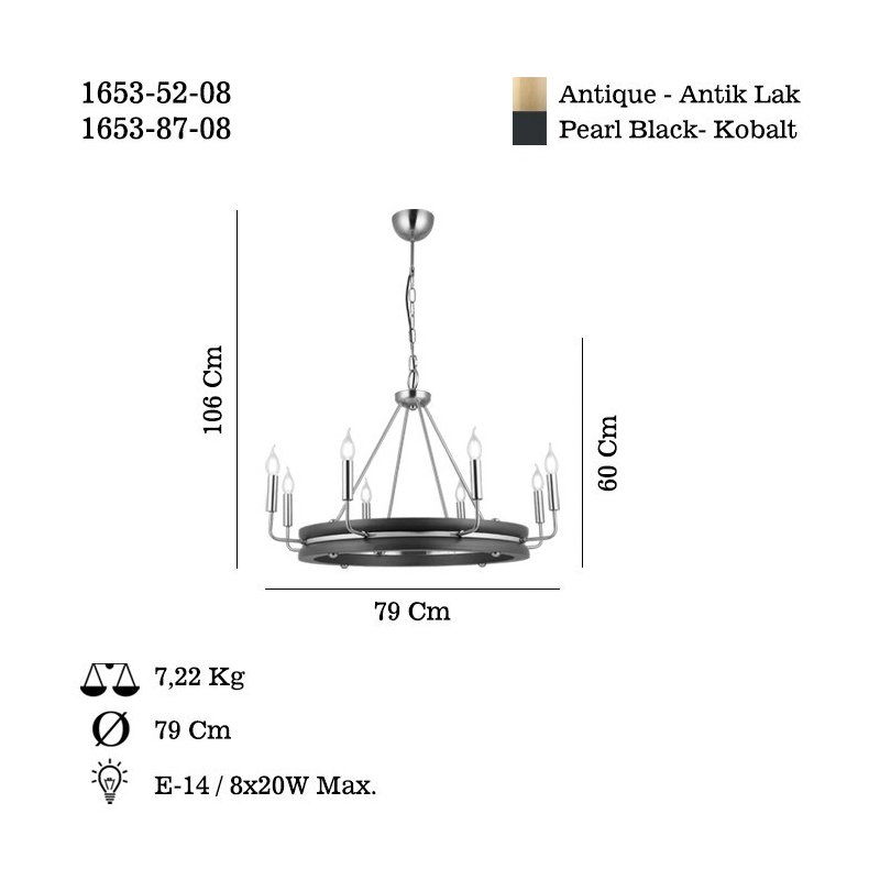 Antique Lacquer Chandelier, Metal Body, 23.6 x 23.6 x 2.4 inches | Adjustable Height: 23.6 to 41.7 inches | 8 x E14 Max 40W Socket, Bulb Not Included | Elegant Lighting for Dining Room & Living Spaces, IP20 Rated