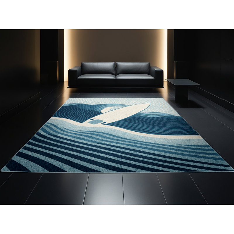 Tapis de plage doux et moelleux à rayures bleues - planche de surf Wave Ride, 5 x 8