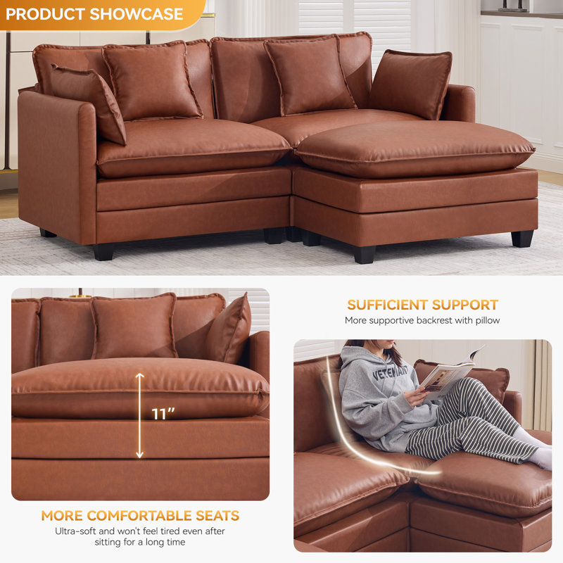 Canapé modulaire rembourré en similicuir avec repose-pieds, 2 places + 1 repose-pieds, Marron foncé