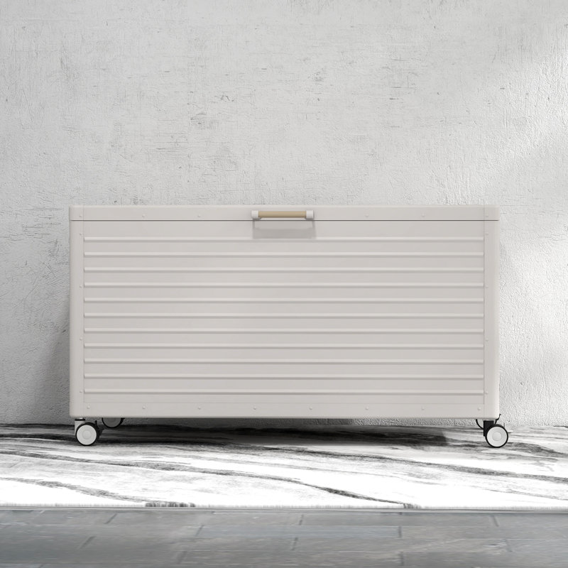 Latte Metal Deck Box with Wheels and Dark Wood Grain Handle
