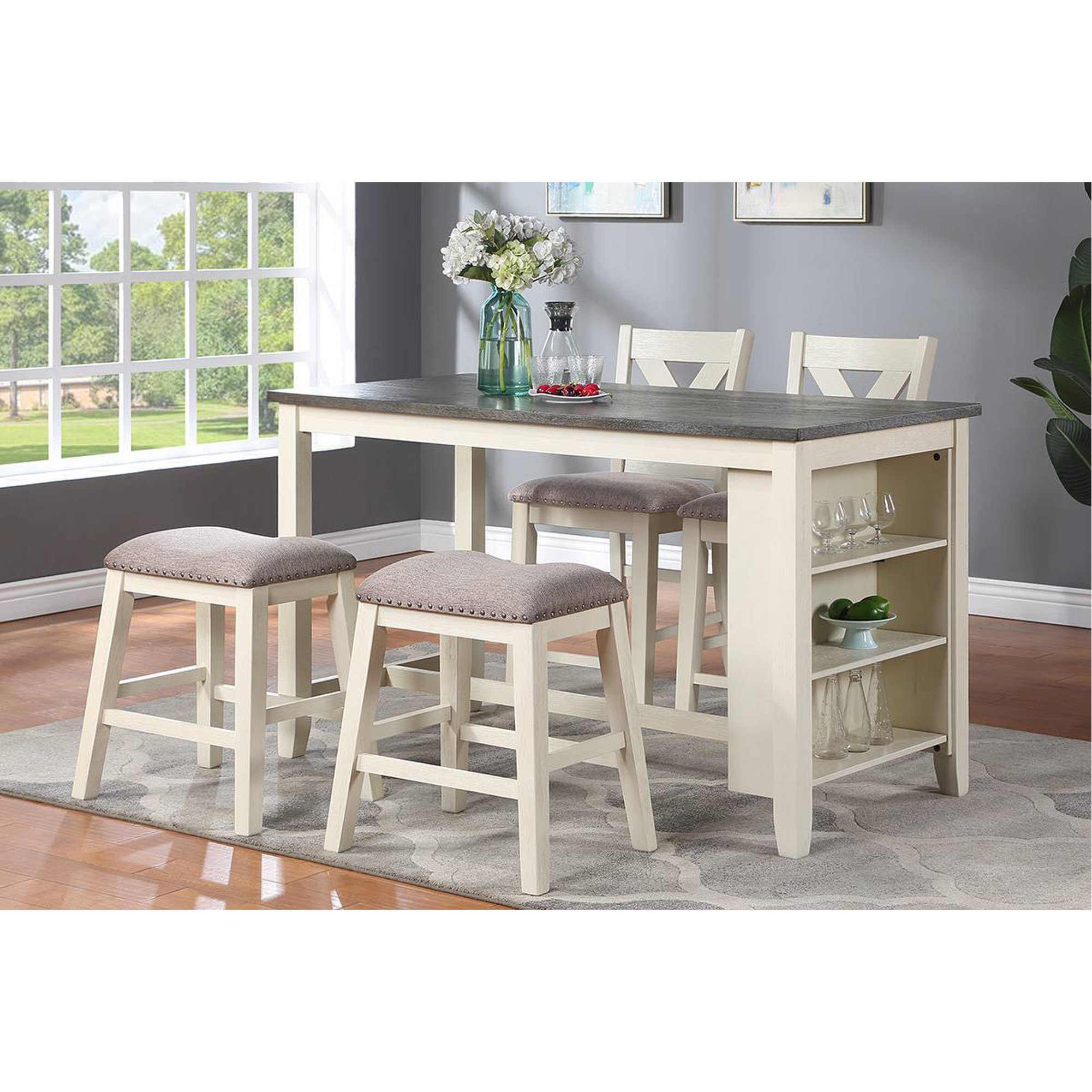 Lark Manor™ Modern Gray Finish 5Pc Counter Height High Dining Table W Storage Shelves High ...