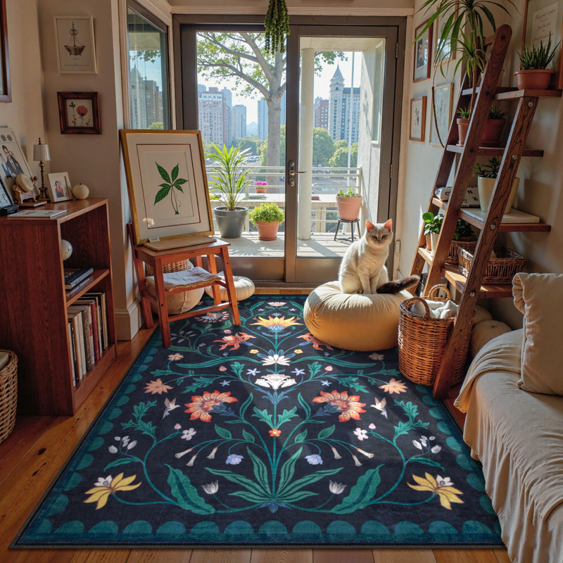  Boho Floral Washable Area Rugs for Living Room Non Slip Indoor Ultra-Thin Throw Room Carpe, Rectangle 5' x 7'