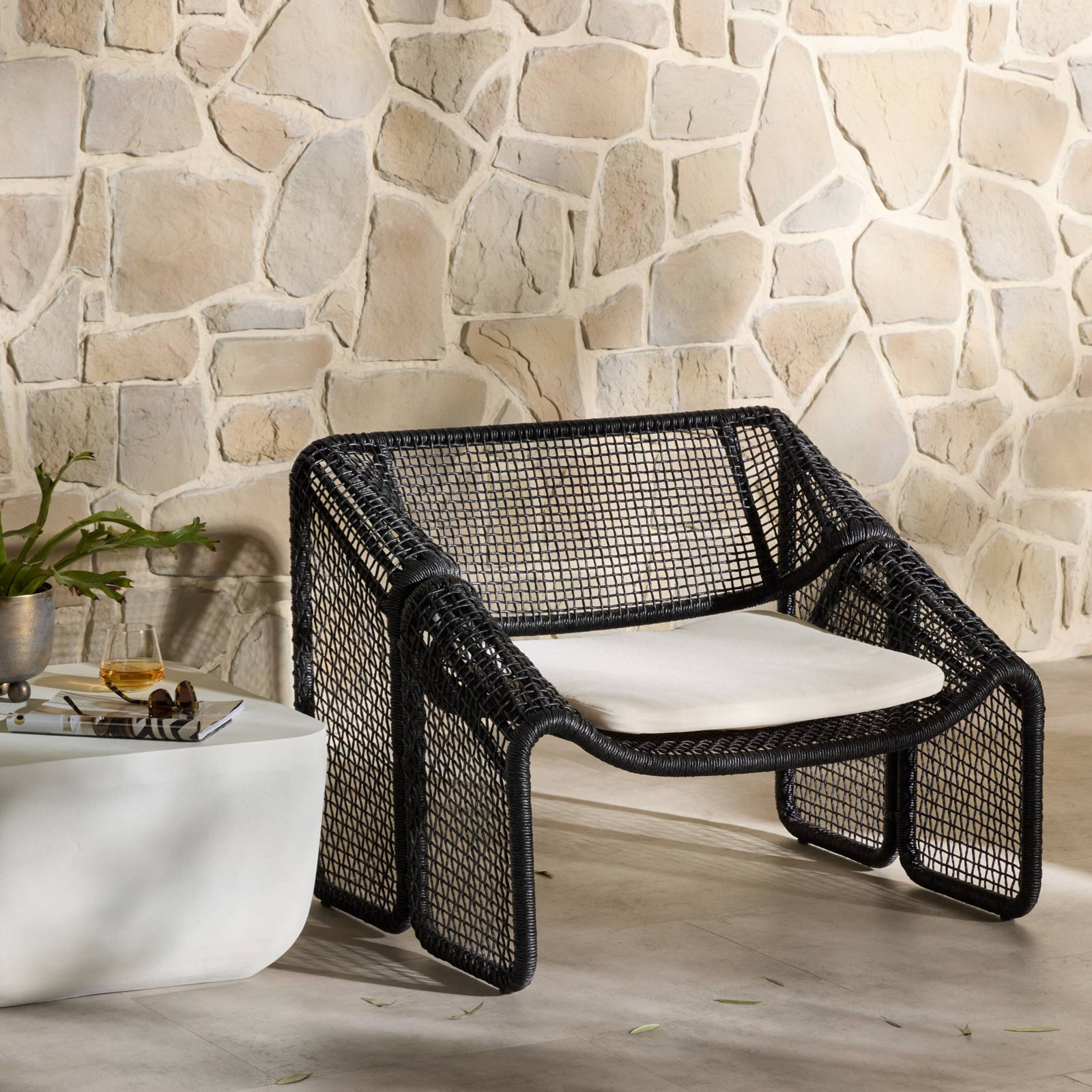 Aliza Wicker Outdoor Lounge Chair, Ivory/Faux Black Hyacinth