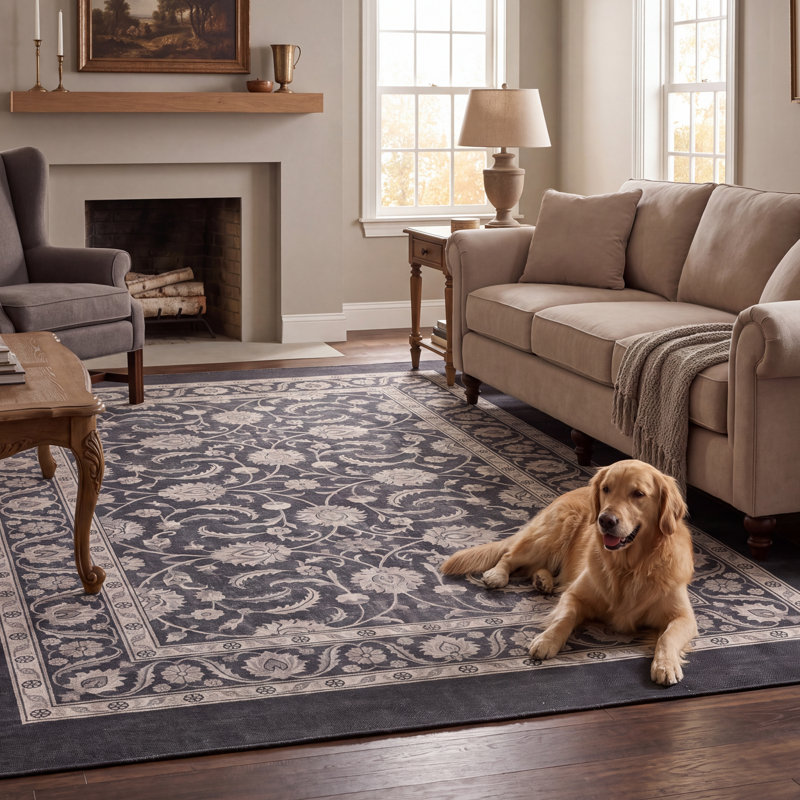 Tapis Remington traditionnel à motif floral intégral gris ivoire beige, lavable en machine, antidérapant, à poils courts, pour intérieur et extérieur, adapté aux animaux domestiques, idéal pour le salon, la chambre, la salle à manger, l'entrée, le corridor ou le bureau.