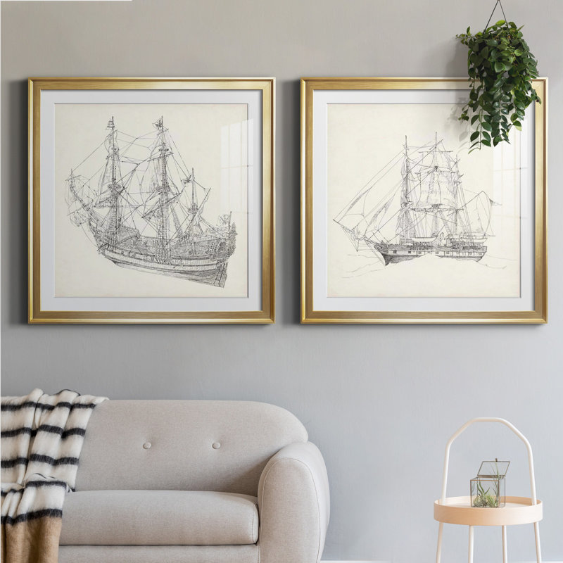 Croquis de bateau antique I Croquis de bateau antique I - ensemble de 2 reproductions de dessins encadrés, Blanc