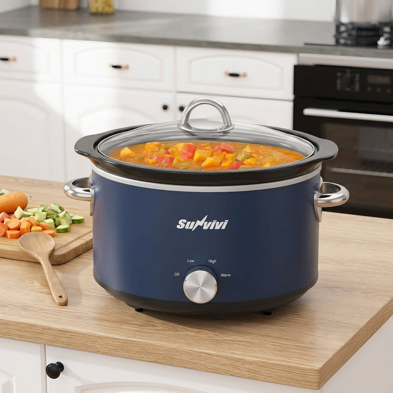 Mijoteuse de 4 litres avec mini chauffe-plats, 3 niveaux de température, cuve amovible en céramique et couvercle en verre compatible lave-vaisselle, couleur bleu, idéale pour la cuisine.
