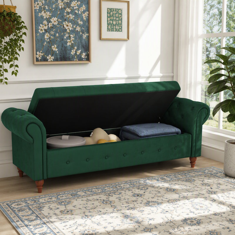 Banc de rangement en velours capitonné avec accoudoirs roulés, montage par prise, Vert foncé