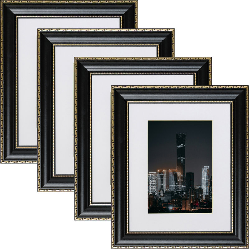 Azeezat Black/Gold Solid Wood Gilded Picture Frame - Set of 4 with Mat