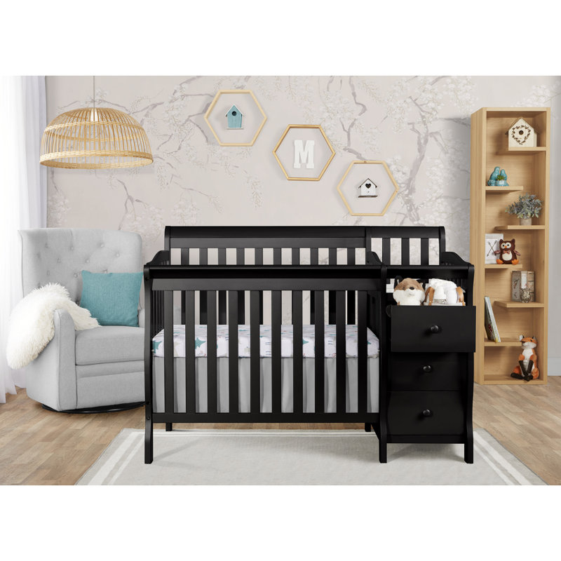 Black New Zealand Pinewood 4-in-1 Convertible Mini Crib with Changer