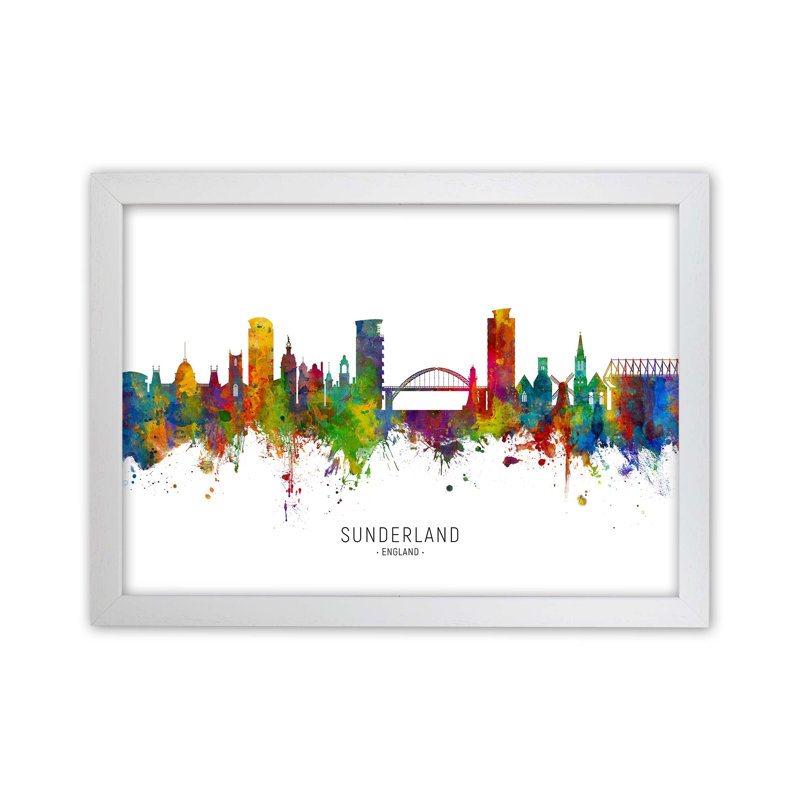 Sunderland England Skyline by Michael Tompsett - Print, White Framed, 64cm H x 88cm W x 3cm D