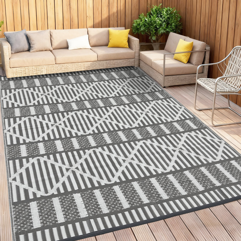 Tapis extérieur en plastique à motif géométrique pour pique-nique dans la cour, Grey, Rectangle 9 pi x 12 pi