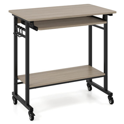 Mobile Laptop Desk with Keyboard Tray, Lower Shelf, 3 Hooks, 4 Universal Wheels Gray