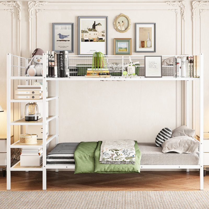 Lit superposé simple au dessus d'un lit double avec 5 tablettes et tablette latérale intégrée, Blanc