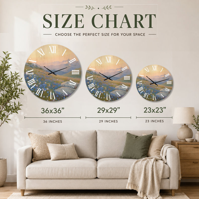 Horloge murale ronde Alpine Morning Meadow - Cottage Bleu, imprimée sur bois, Grand