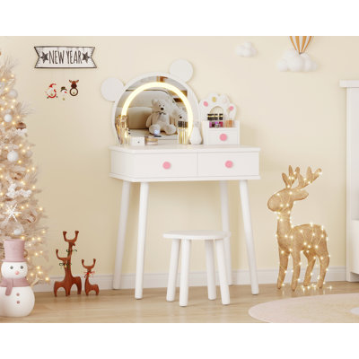 Bear-Shaped Lighted Mirror Kids Vanity Table and Chair Set - Wooden Princess Makeup Desk with Stool, Storage Drawers & Safe Pretend Play Features - Be by Ivy Bronx
