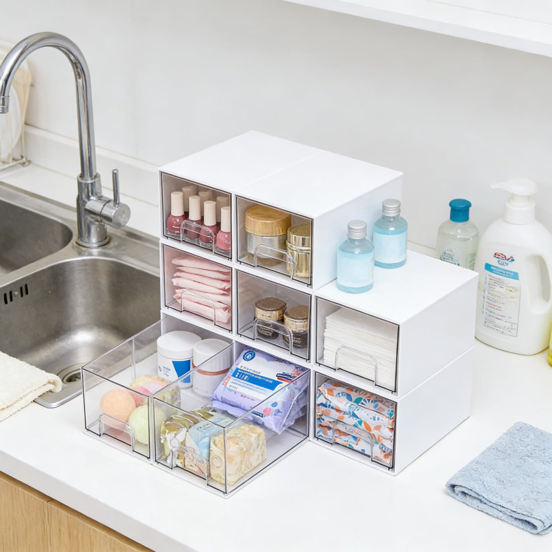 Petits tiroirs de rangement empilables, 4 paniers de rangement en plastique transparent avec poignées pour meuble-lavabo, sous-lavabo, armoire de cuisine, garde-manger et rangement