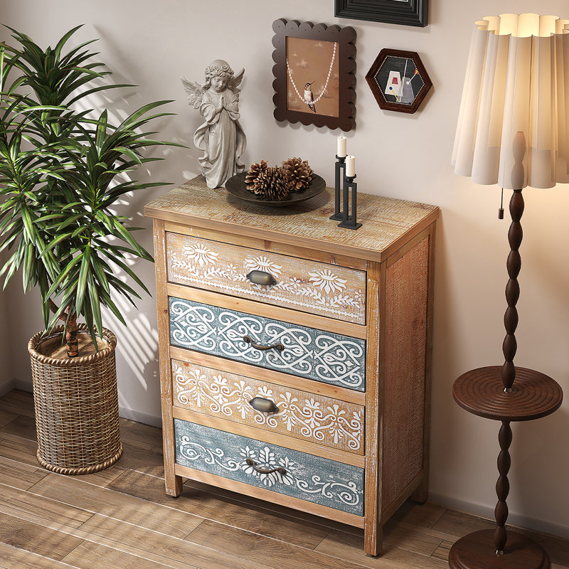 Commode 4 tiroirs, coffre de rangement rustique pour chambre à coucher, salon