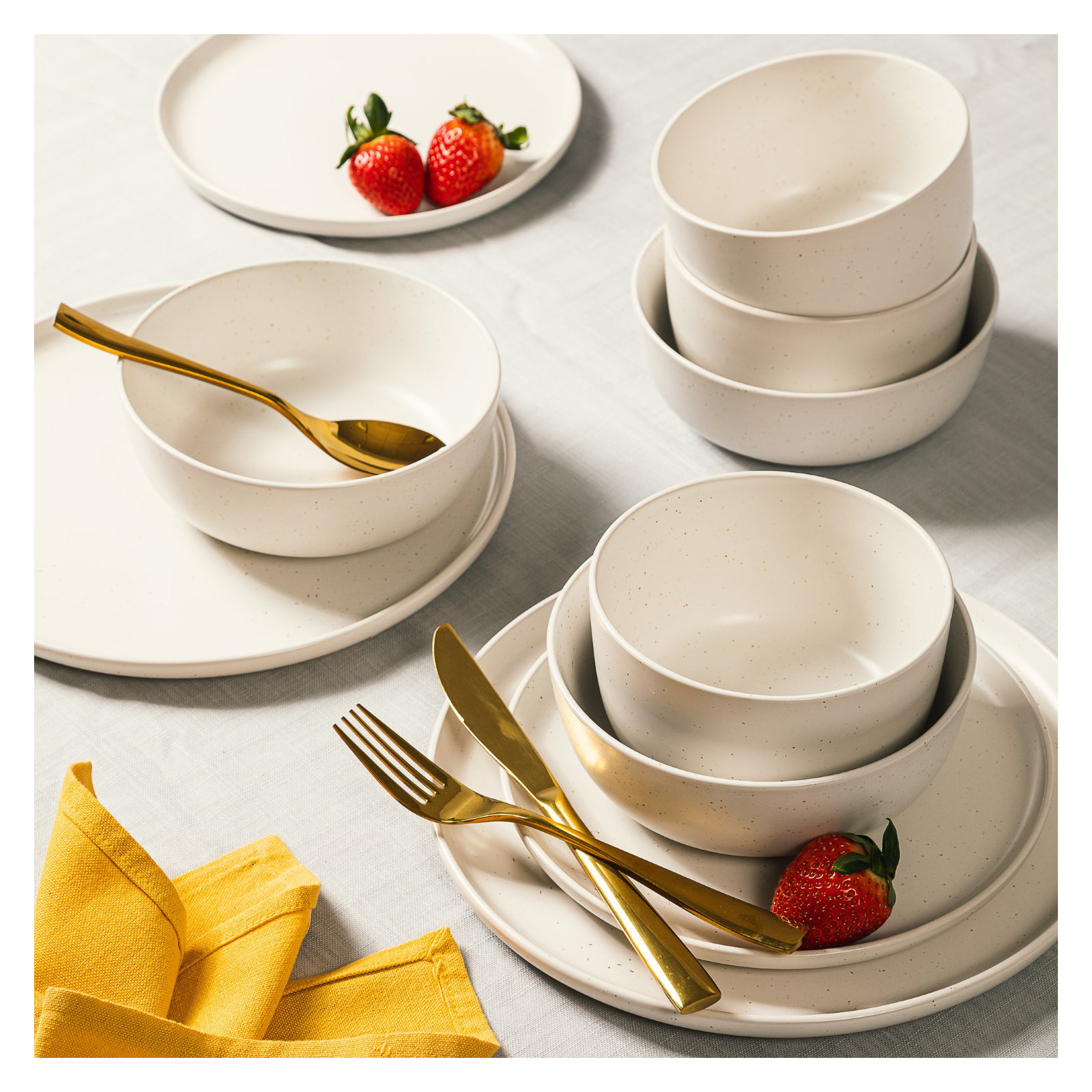 Gibson Elite James Street 16 Piece Stoneware Matte Reactive Double Bowl Dinnerware Set, Sea Salt White