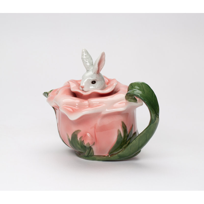 Pink Rosy Rabbit Floral Teapot- 5 3/4"H 
