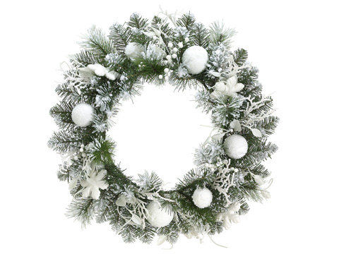 Couronne de Noël artificielle blanche et verte enneigée - 24 pouces