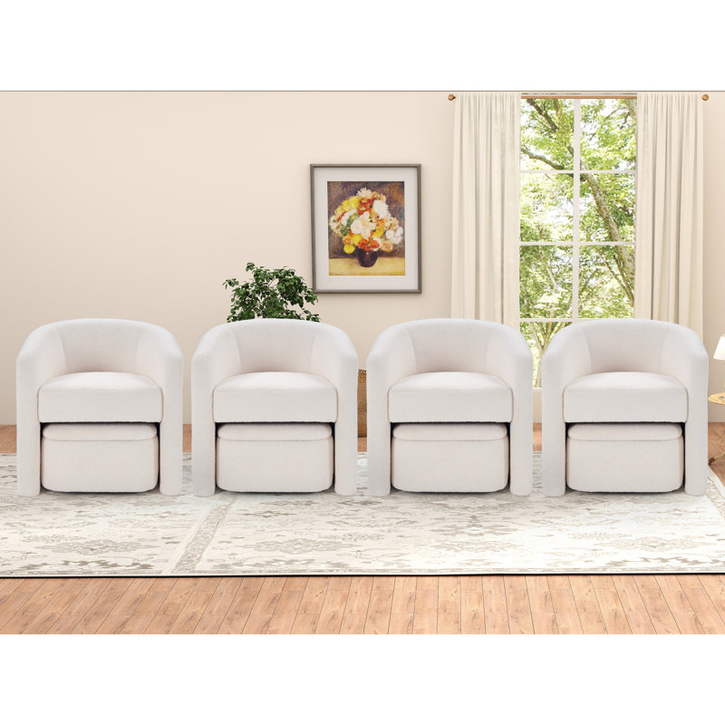 28" Wide Modern Soft Upholstered Accent Barrel Chair With Storable Ottoman, White