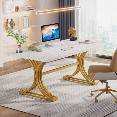 Philipe 63'' Executive Computer Desk with Faux Marble Top and Stylish Metal Legs