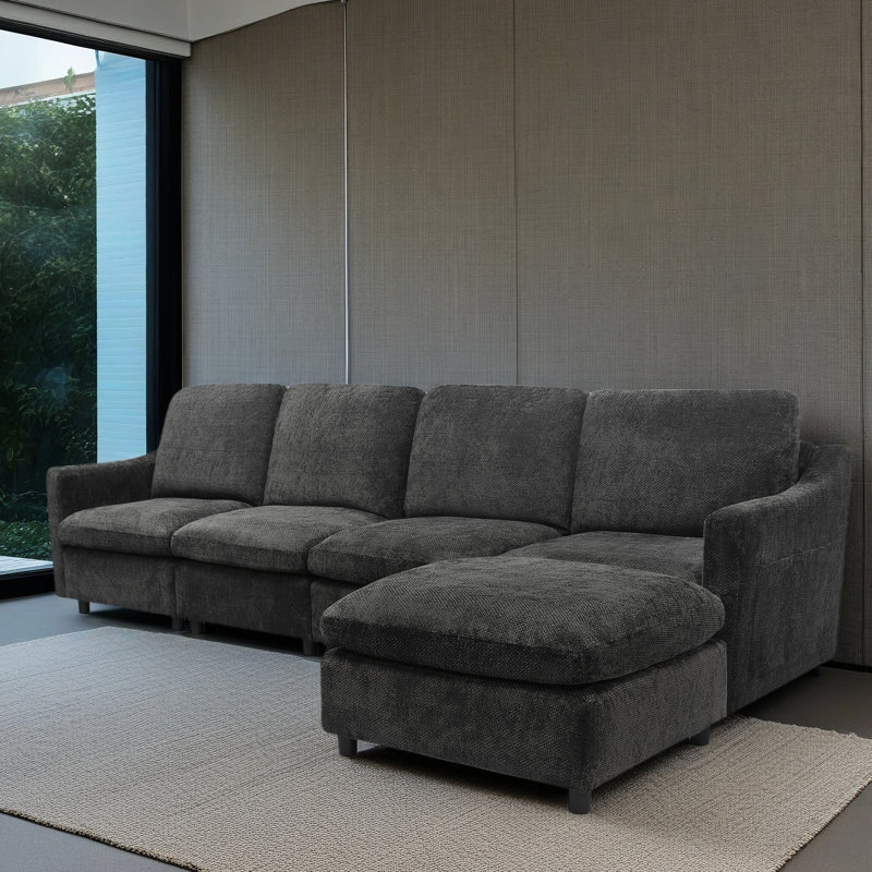 Canapé modulaire noir avec méridienne réversible - siège profond surdimensionné pour le salon ergonomique, mousse, velours court moelleux, assemblage - conception ergonomique moderne en L, lin doux